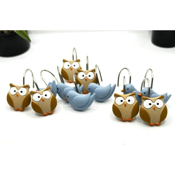 Set Of 12 Owl & Bird Shower Curtain Hooks Bathroom Decor - Picture 4 of 11